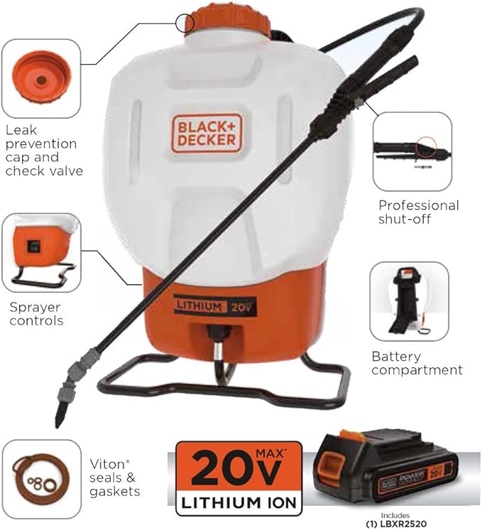 BLACK & DECKER Backpack inalámbrico 20 V MAX 4 gal. Incluye 1 batería de 20V y 1 cargador.